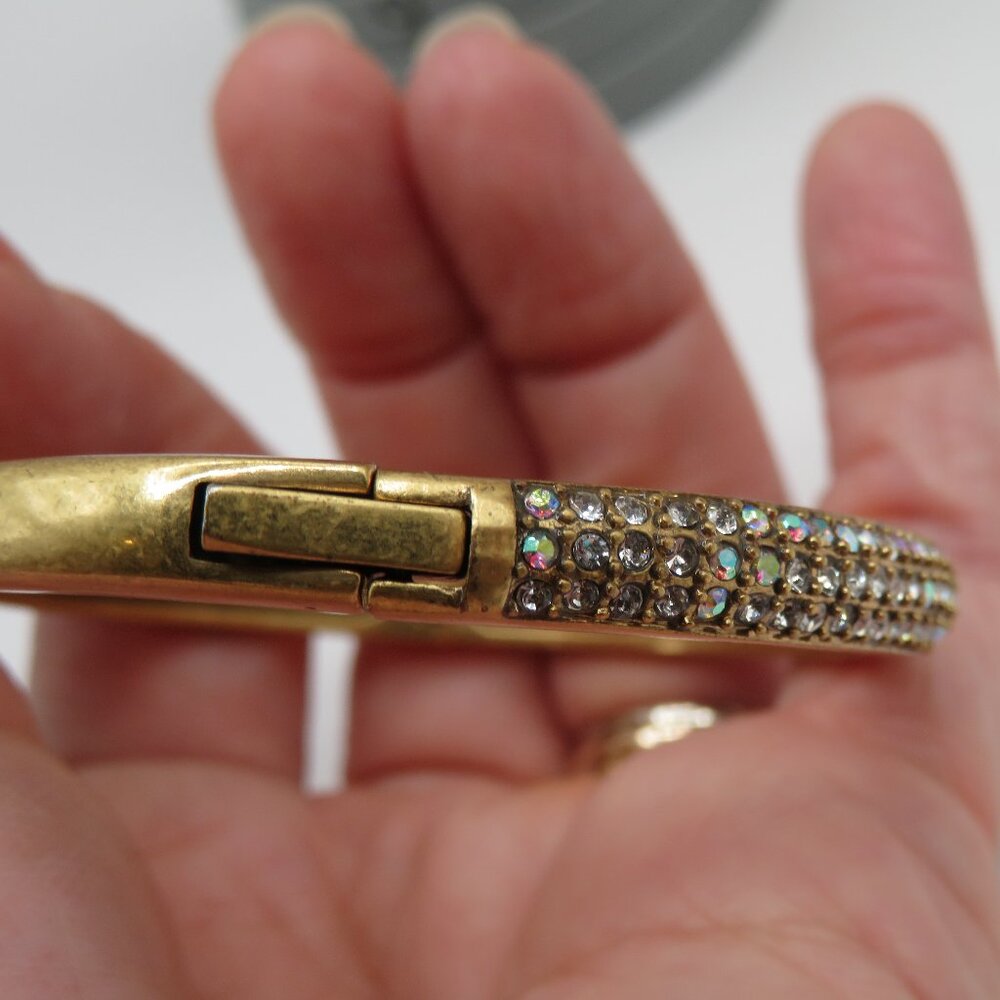 J.Crew Rhinestone Yellow Gold Tone Hinged Bracelet - Picture 7 of 10